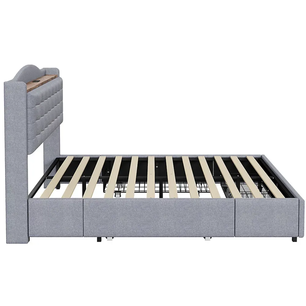 Gutent Lit rembourré 140x200 cm, table de nuit avec port de chargement USB et étagère, lit double plat avec 4 tiroirs, gris* Lit Avec Rangement