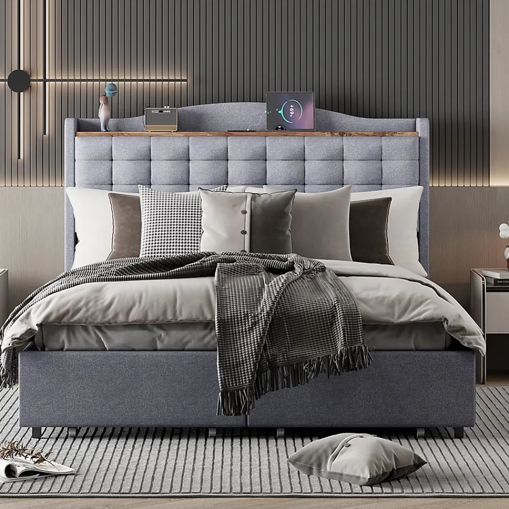 Gutent Lit rembourré 140x200 cm, table de nuit avec port de chargement USB et étagère, lit double plat avec 4 tiroirs, gris* Lit Avec Rangement