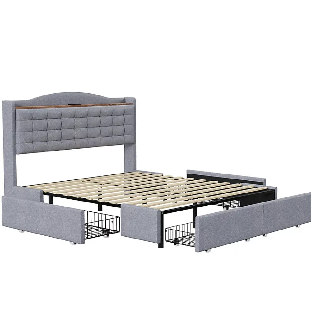 Gutent Lit rembourré 140x200 cm, table de nuit avec port de chargement USB et étagère, lit double plat avec 4 tiroirs, gris* Lit Avec Rangement