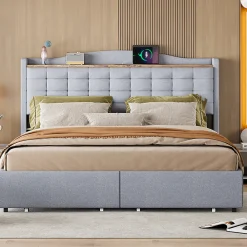 Lit rembourré 160x200 cm, table de nuit avec port de chargement USB et étagère, lit double plat avec 4 tiroirs, gris>Gutent Best