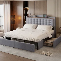 Lit rembourré 160x200 cm, table de nuit avec port de chargement USB et étagère, lit double plat avec 4 tiroirs, gris>Gutent Best