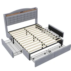 Lit rembourré 160x200 cm, table de nuit avec port de chargement USB et étagère, lit double plat avec 4 tiroirs, gris><noscript><img width=