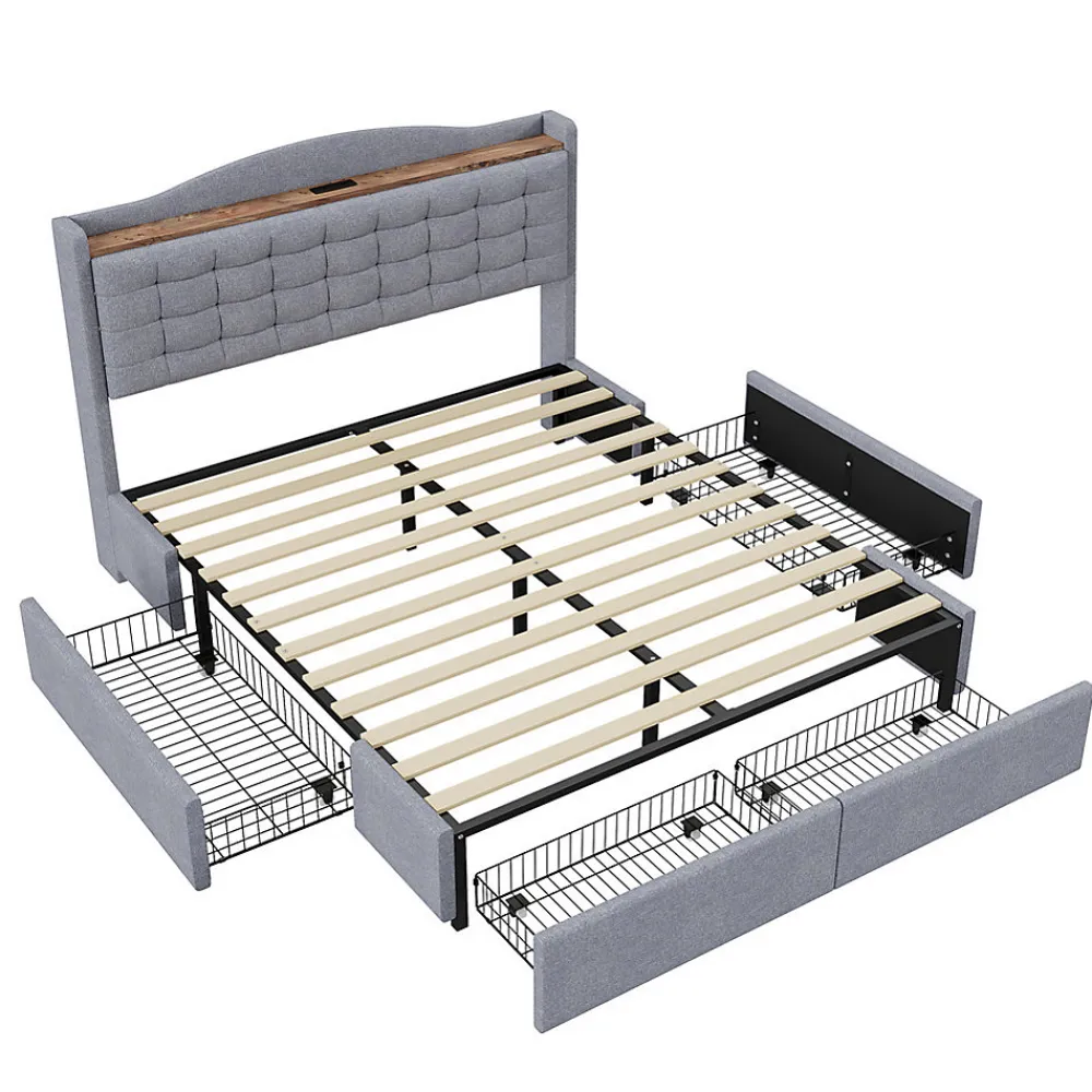 Lit rembourré 160x200 cm, table de nuit avec port de chargement USB et étagère, lit double plat avec 4 tiroirs, gris>Gutent Best