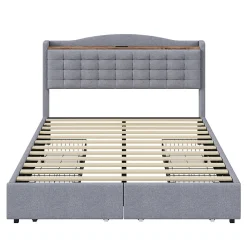 Lit rembourré 160x200 cm, table de nuit avec port de chargement USB et étagère, lit double plat avec 4 tiroirs, gris><noscript><img width=