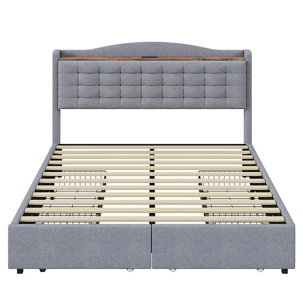 Lit rembourré 160x200 cm, table de nuit avec port de chargement USB et étagère, lit double plat avec 4 tiroirs, gris>Gutent Best