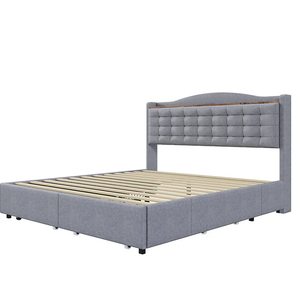 Lit rembourré 160x200 cm, table de nuit avec port de chargement USB et étagère, lit double plat avec 4 tiroirs, gris>Gutent Best