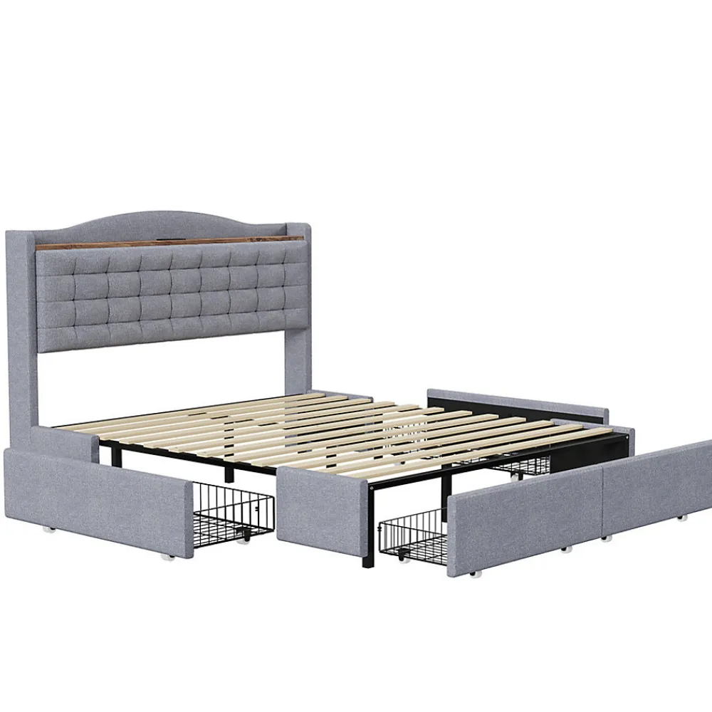 Lit rembourré 160x200 cm, table de nuit avec port de chargement USB et étagère, lit double plat avec 4 tiroirs, gris>Gutent Best