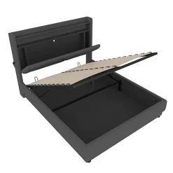 Lit rembourré 160x200 cm, tête LED, rangement, sommiers gaz, USB, poches latérales><noscript><img width=