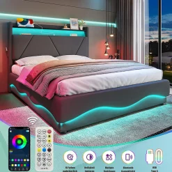 Lit rembourré 160x200 cm, tête LED, rangement, sommiers gaz, USB, poches latérales><noscript><img width=