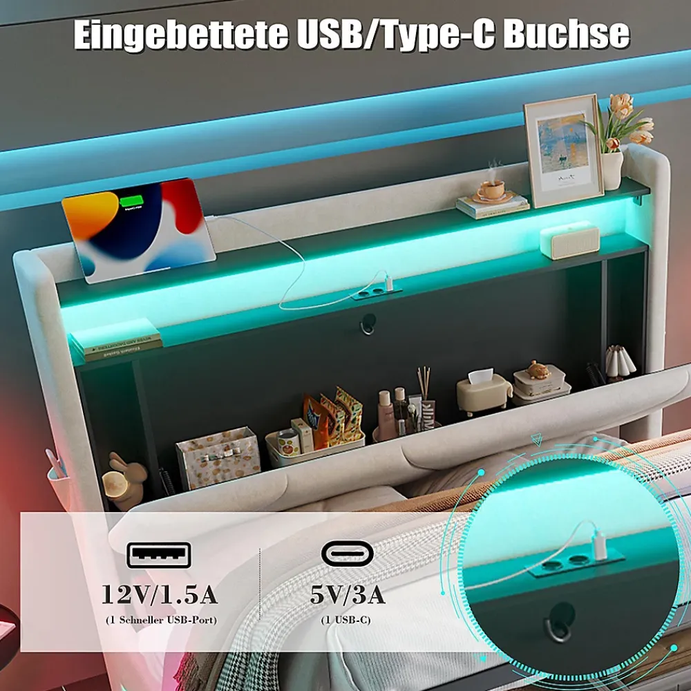 Blackcolors Lit rembourré 160x200 cm, tête LED, surfaces rangement, sommiers gaz, USB, poches* Lit Coffre