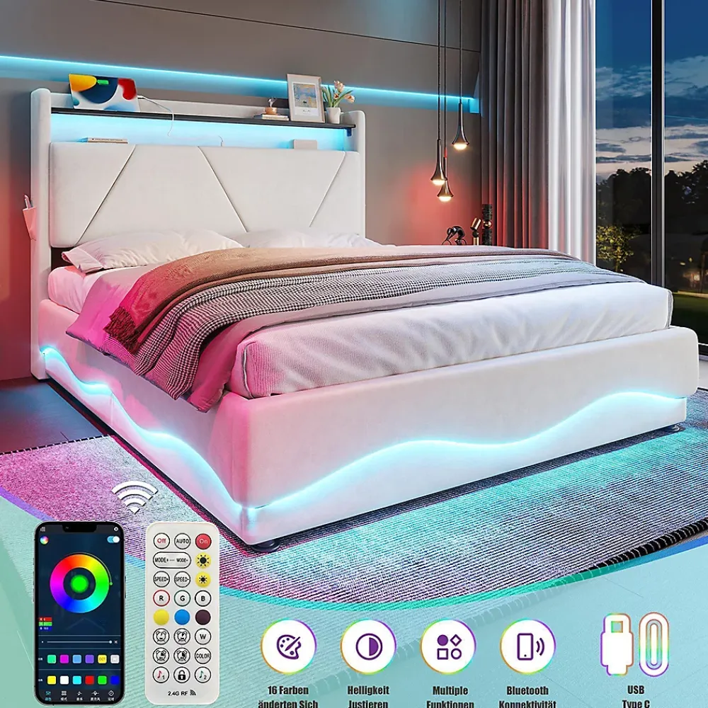Blackcolors Lit rembourré 160x200 cm, tête LED, surfaces rangement, sommiers gaz, USB, poches* Lit Coffre
