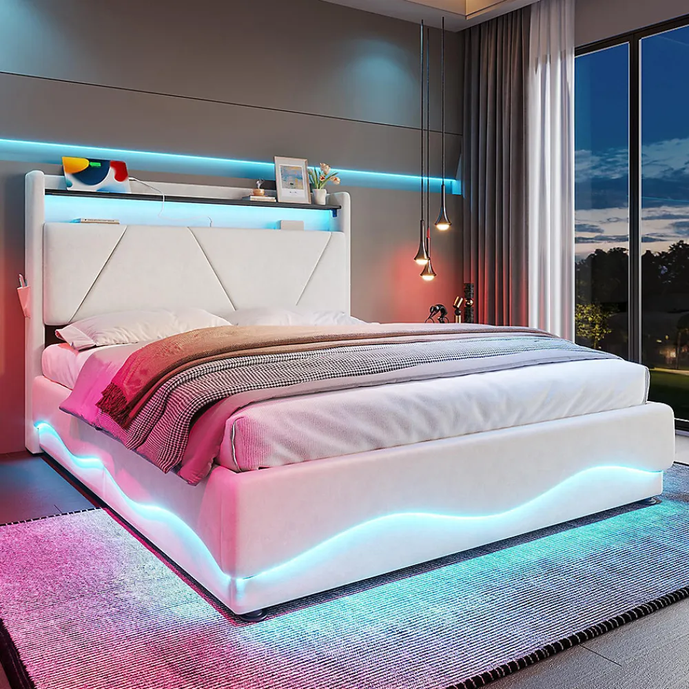 Blackcolors Lit rembourré 160x200 cm, tête LED, surfaces rangement, sommiers gaz, USB, poches* Lit Coffre