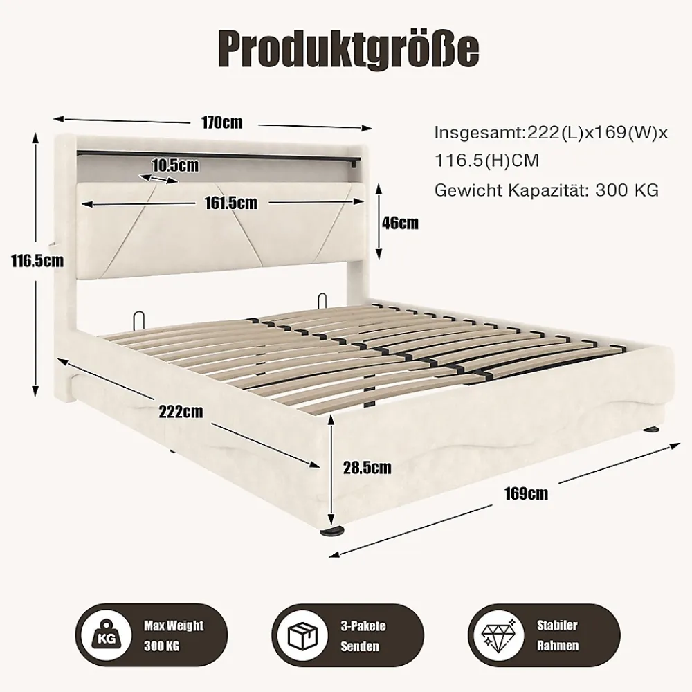Blackcolors Lit rembourré 160x200 cm, tête LED, surfaces rangement, sommiers gaz, USB, poches* Lit Coffre