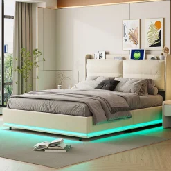Lit rembourré 160x200cm avec chargement sans fil (USB & Type-c), lit double avec LED, velours, beige>Simple Life Clearance