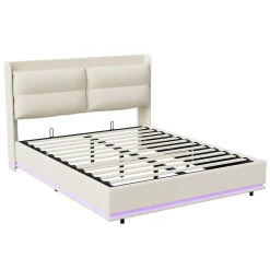 Lit rembourré 160x200cm avec chargement sans fil (USB & Type-c), lit double avec LED, velours, beige>Simple Life Clearance