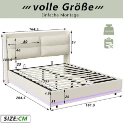 Lit rembourré 160x200cm avec chargement sans fil (USB & Type-c), lit double avec LED, velours, beige><noscript><img width=