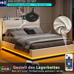 Lit rembourré 160x200cm avec chargement sans fil (USB & Type-c), lit double avec LED, velours, beige><noscript><img width=