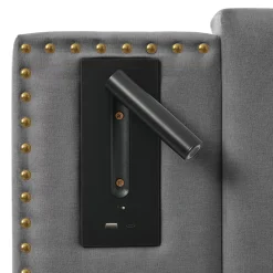 Gutent Lit rembourré 160x200cm, avec espace de rangement, lampe de lecture, design à rivets, sommier à lattes, coton, gris, sans matelas* Lit Avec Rangement|Lit Double