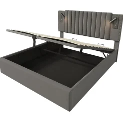 Gutent Lit rembourré 160x200cm, avec espace de rangement, lampe de lecture, design à rivets, sommier à lattes, coton, gris, sans matelas* Lit Avec Rangement|Lit Double