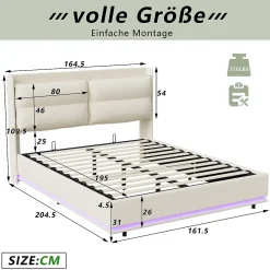 Simple Life Lit rembourré 160x200cm avec recharge sans fil (USB et Type-C), lit double avec LED, velours, beige* Lit Coffre