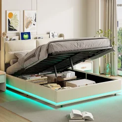 Simple Life Lit rembourré 160x200cm avec recharge sans fil (USB et Type-C), lit double avec LED, velours, beige* Lit Coffre