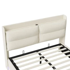 Simple Life Lit rembourré 160x200cm avec recharge sans fil (USB et Type-C), lit double avec LED, velours, beige* Lit Coffre