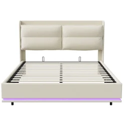Simple Life Lit rembourré 160x200cm avec recharge sans fil (USB et Type-C), lit double avec LED, velours, beige* Lit Coffre