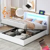 Lit rembourré 140x200cm avec sommier à lattes lit barre lumineuse à led lecteur bluetooth et recharge usb lit double cuir pu blanc>Gutent