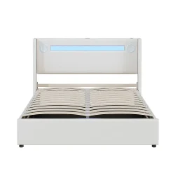 Lit rembourré 140x200cm avec sommier à lattes lit barre lumineuse à led lecteur bluetooth et recharge usb lit double cuir pu blanc>Gutent