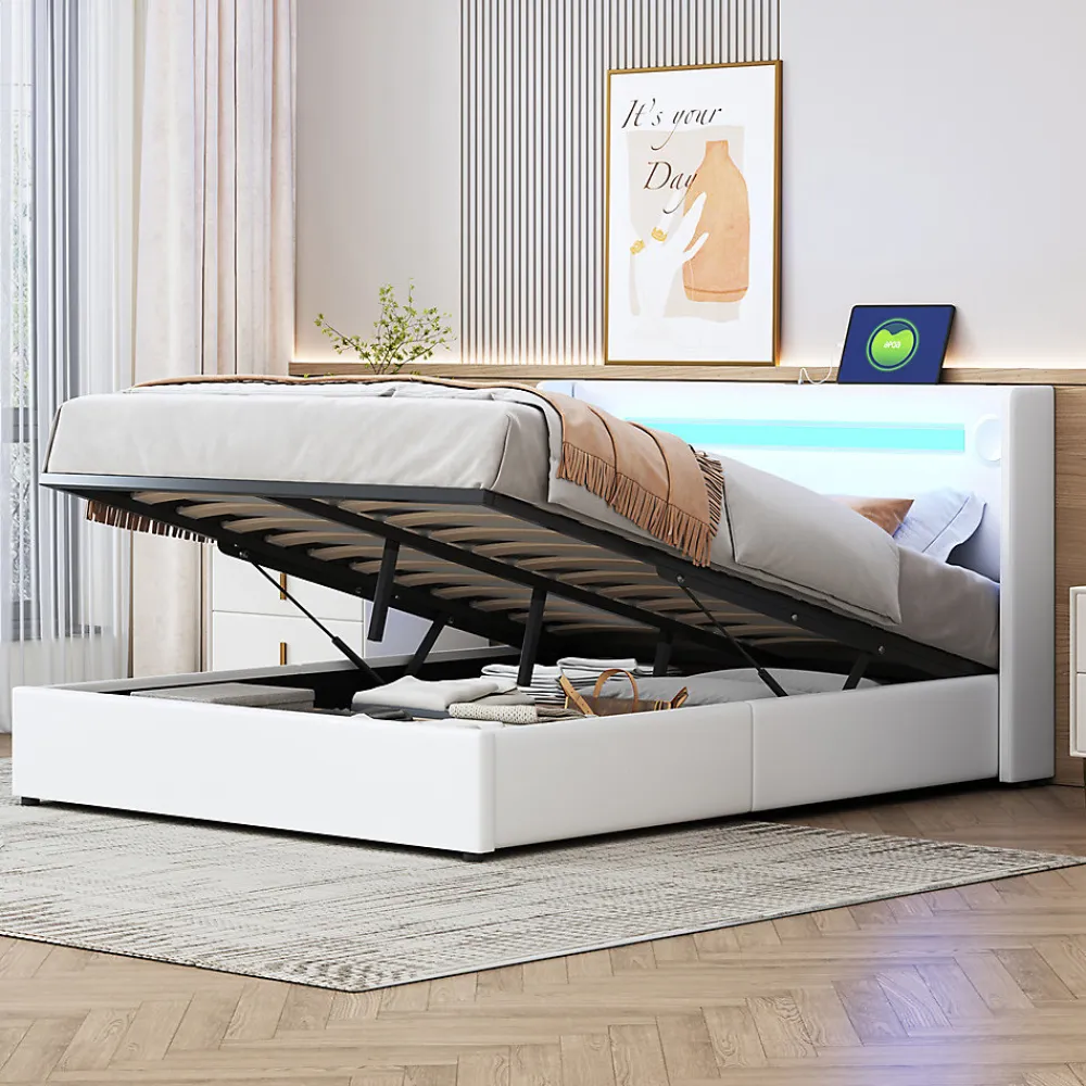 Lit rembourré 140x200cm avec sommier à lattes lit barre lumineuse à led lecteur bluetooth et recharge usb lit double cuir pu blanc>Gutent