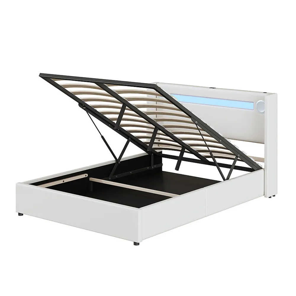 Lit rembourré 140x200cm avec sommier à lattes lit barre lumineuse à led lecteur bluetooth et recharge usb lit double cuir pu blanc>Gutent