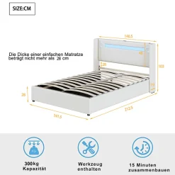 Lit rembourré 140x200cm avec sommier à lattes lit barre lumineuse à led lecteur bluetooth et recharge usb lit double cuir pu blanc><noscript><img width=