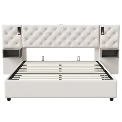 Simple Life Lit Rembourré 140x200cm avec USB et lampe de lecture, lit double avec rangement, velours, beige* Lit Coffre