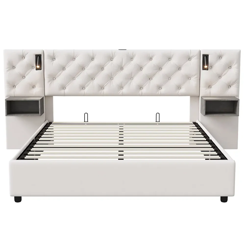 Simple Life Lit Rembourré 140x200cm avec USB et lampe de lecture, lit double avec rangement, velours, beige* Lit Coffre