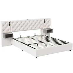 Simple Life Lit Rembourré 140x200cm avec USB et lampe de lecture, lit double avec rangement, velours, beige* Lit Coffre