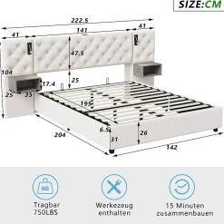 Simple Life Lit Rembourré 140x200cm avec USB et lampe de lecture, lit double avec rangement, velours, beige* Lit Coffre