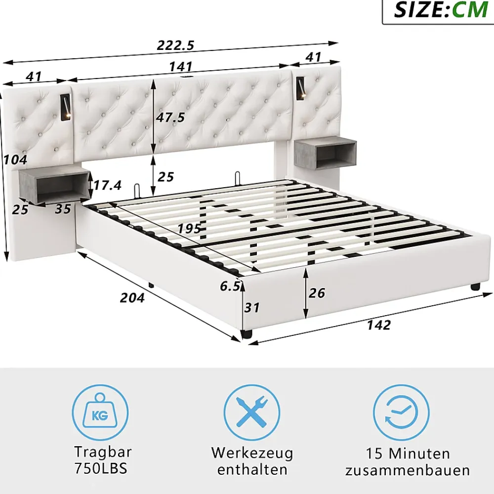 Simple Life Lit Rembourré 140x200cm avec USB et lampe de lecture, lit double avec rangement, velours, beige* Lit Coffre