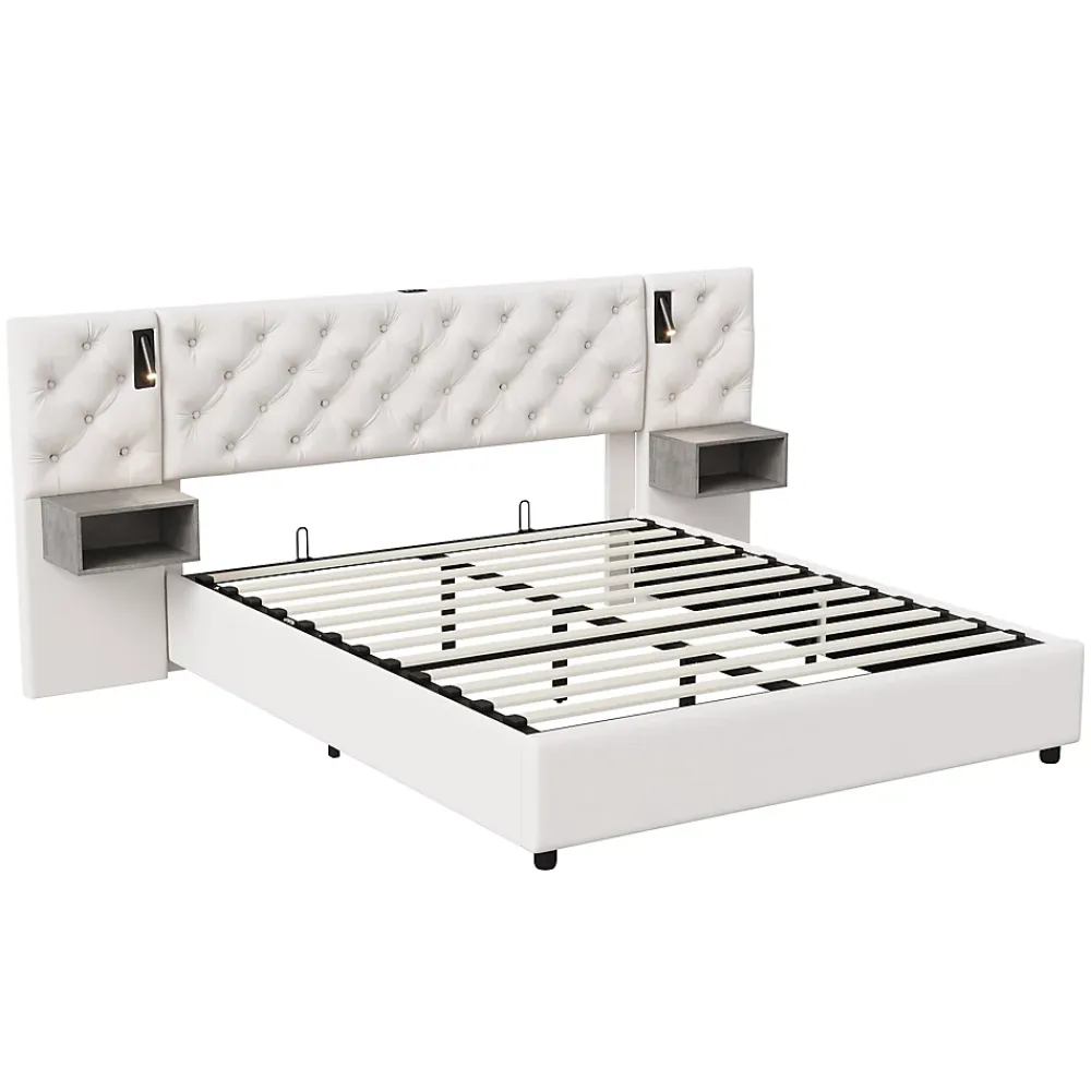 Simple Life Lit Rembourré 140x200cm avec USB et lampe de lecture, lit double avec rangement, velours, beige* Lit Coffre