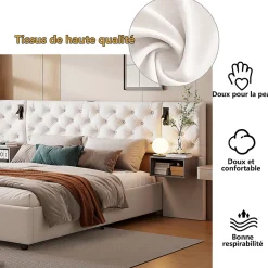 Simple Life Lit Rembourré 140x200cm avec USB et lampe de lecture, lit double avec rangement, velours, beige* Lit Coffre