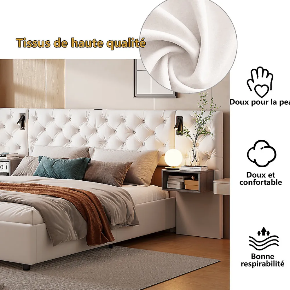 Simple Life Lit Rembourré 140x200cm avec USB et lampe de lecture, lit double avec rangement, velours, beige* Lit Coffre