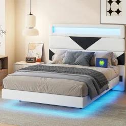 Lit Rembourré 160x200cm avec USB & LED,lit coffre avec tête de lit triangulaire,velours,blanc & noir>Simple Life Online