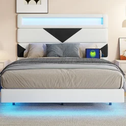 Lit rembourré 160x200cm avec USB et LED, lit coffre avec tête de lit triangulaire, velours, blanc et noir>Simple Life Sale