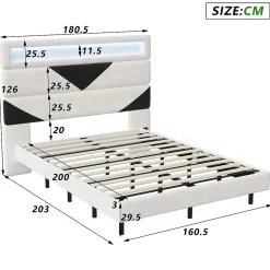 Lit rembourré 160x200cm avec USB et LED, lit coffre avec tête de lit triangulaire, velours, blanc et noir><noscript><img width=