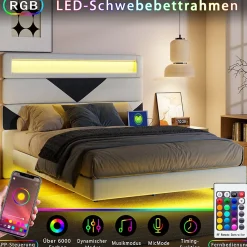 Lit rembourré 160x200cm avec USB et LED, lit coffre avec tête de lit triangulaire, velours, blanc et noir><noscript><img width=