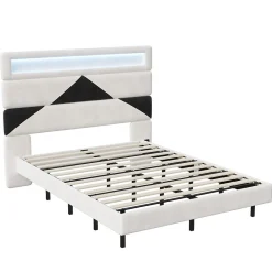 Lit rembourré 160x200cm avec USB et LED, lit coffre avec tête de lit triangulaire, velours, blanc et noir><noscript><img width=
