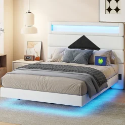 Lit rembourré 140x190cm avec USB, lit double avec LED,lit coffre avec tête de lit en diamant,velours>Simple Life Outlet