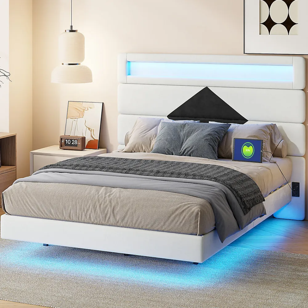 Lit rembourré 140x190cm avec USB, lit double avec LED,lit coffre avec tête de lit en diamant,velours>Simple Life Outlet