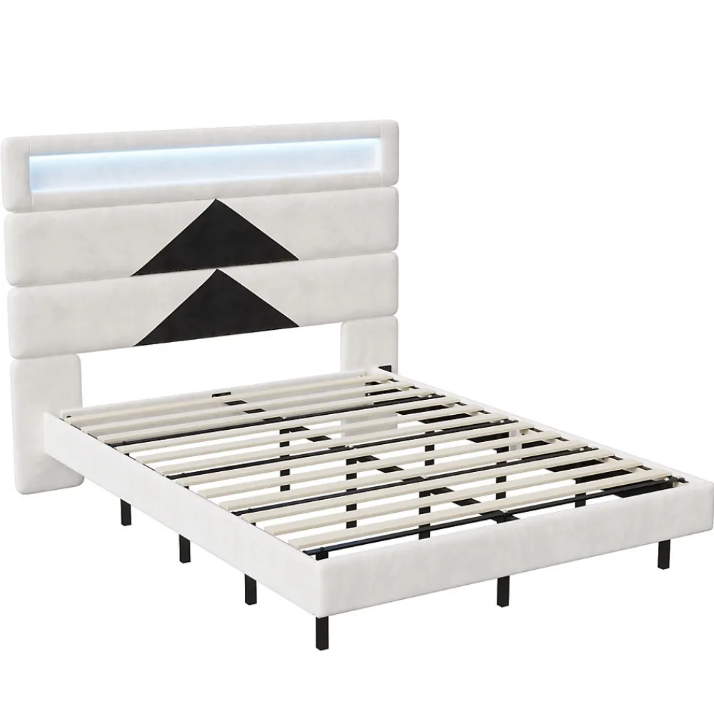 Lit rembourré 140x190cm avec USB, lit double avec LED,lit coffre avec tête de lit en diamant,velours>Simple Life Outlet