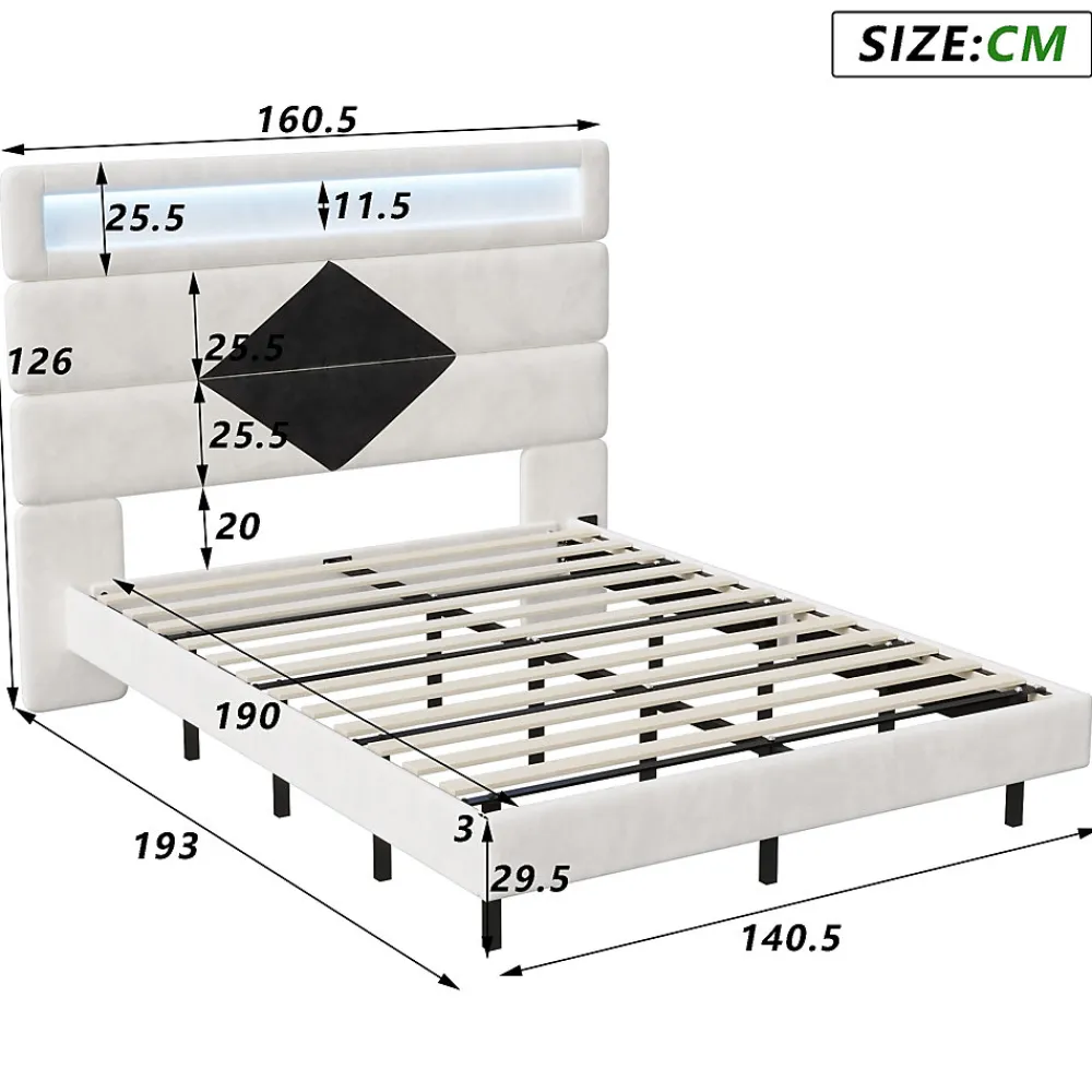 Lit rembourré 140x190cm avec USB, lit double avec LED,lit coffre avec tête de lit en diamant,velours>Simple Life Outlet