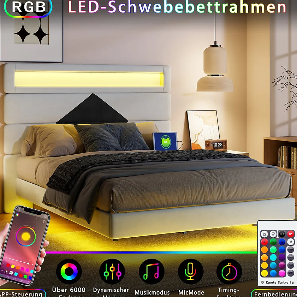 Lit rembourré 140x190cm avec USB, lit double avec LED,lit coffre avec tête de lit en diamant,velours>Simple Life Outlet